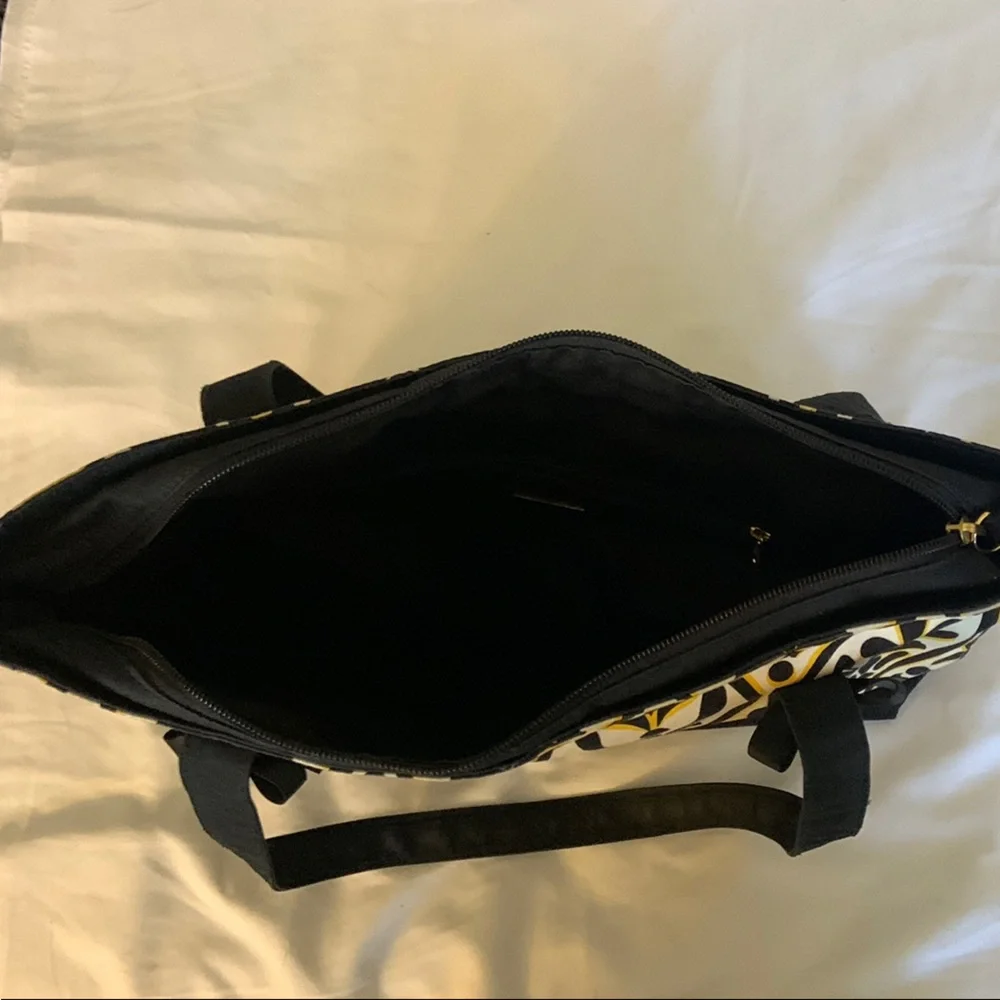 Talbots Black Cream Damask Print Tote Bag Structured Zip Top Purse